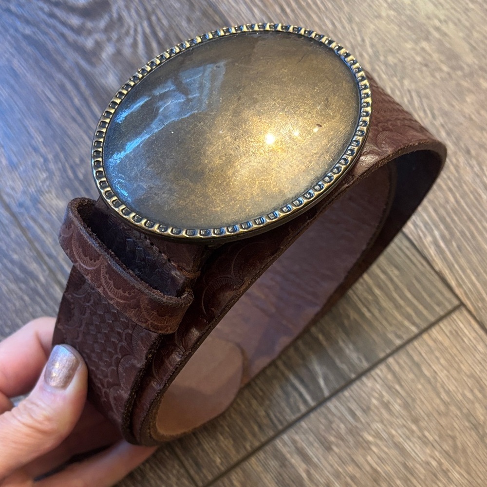 Tooled leather Brown Belt with Brass Buckle